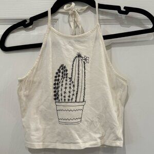 PacSun White Cropped Halter Top with Cactus Design